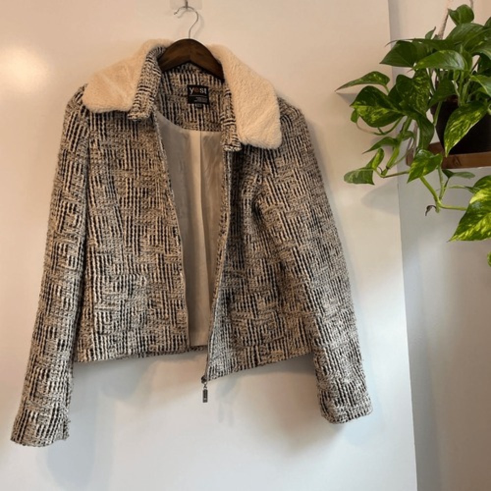 Vintage Euro Tweed Boho Academia Mobwife Fur Collar Jacket Sz 40‎